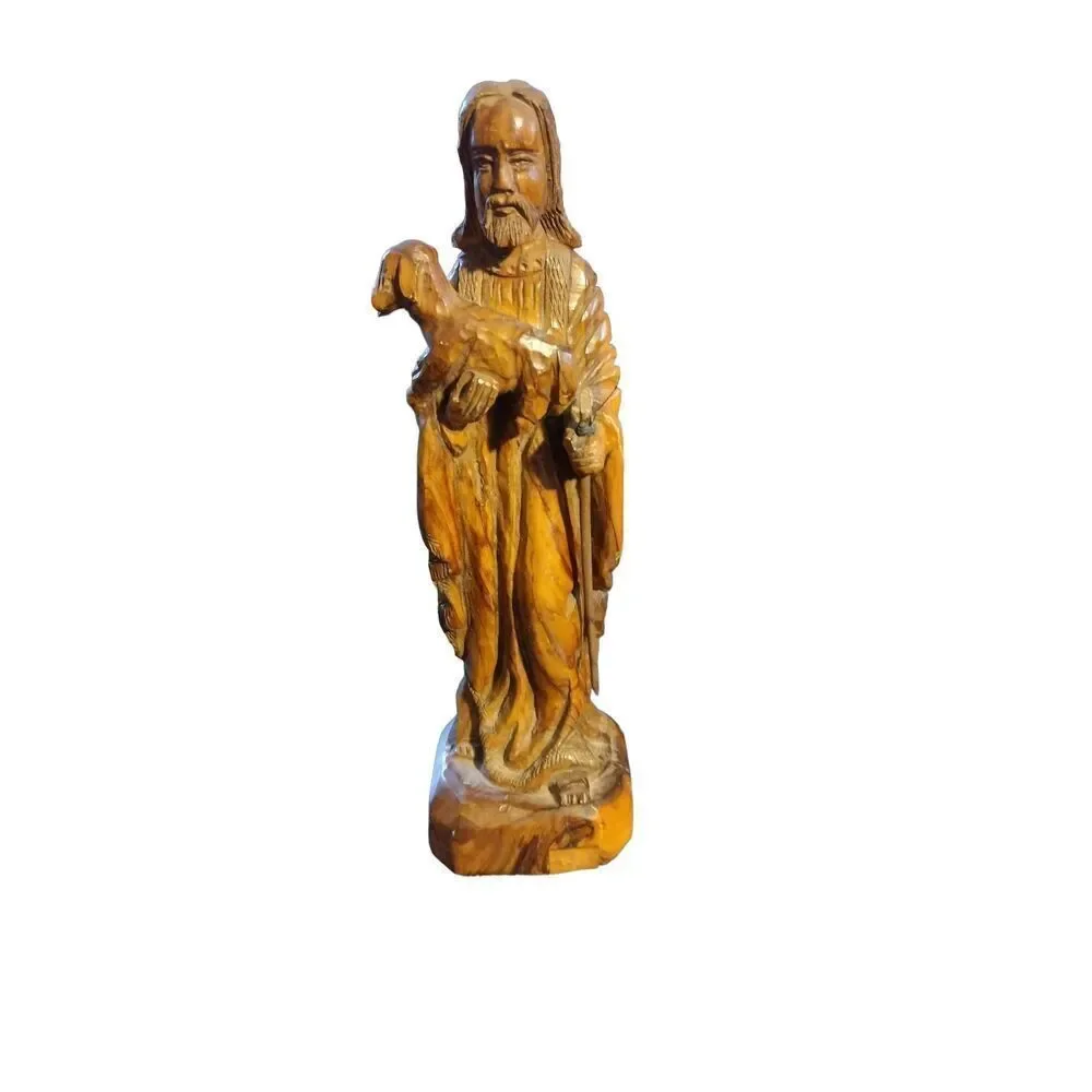 Hand Carved Olive Wood Jesus holding Baby Lamb And Staff Made In Bethlehem 10.5”
